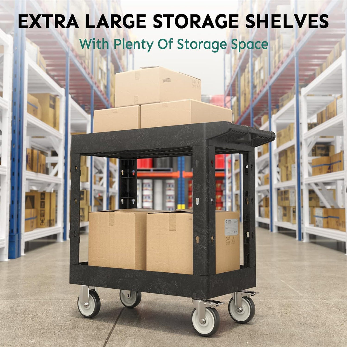 Plastic Utility Cart on Wheels, 34 x 17 Inch Rolling Service Cart-Black