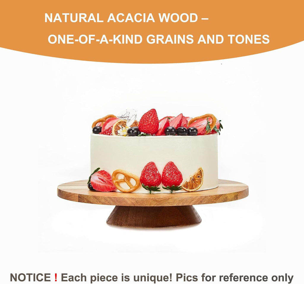 12" Acacia Wood Revolving Cake Stand, 2" High Turntable for Cake