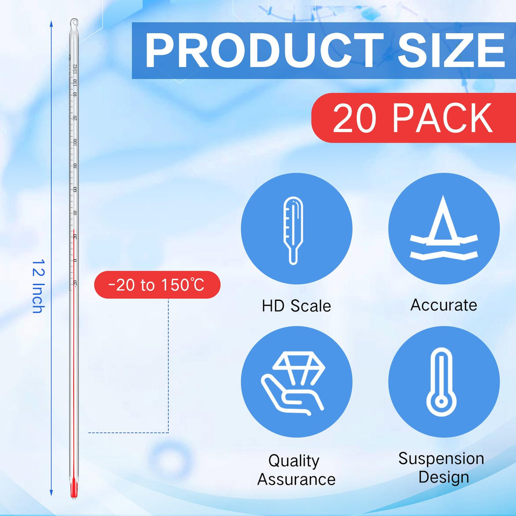20 Pcs General Purpose Lab Thermometer 12 Inch Total Glass, Clear