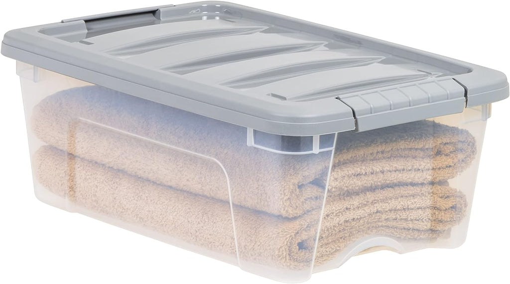 Plastic Storage Containers with Secure Latching Lids, Stackable Organization Bins, Clear/Grey, 12 Quart, Set of 6