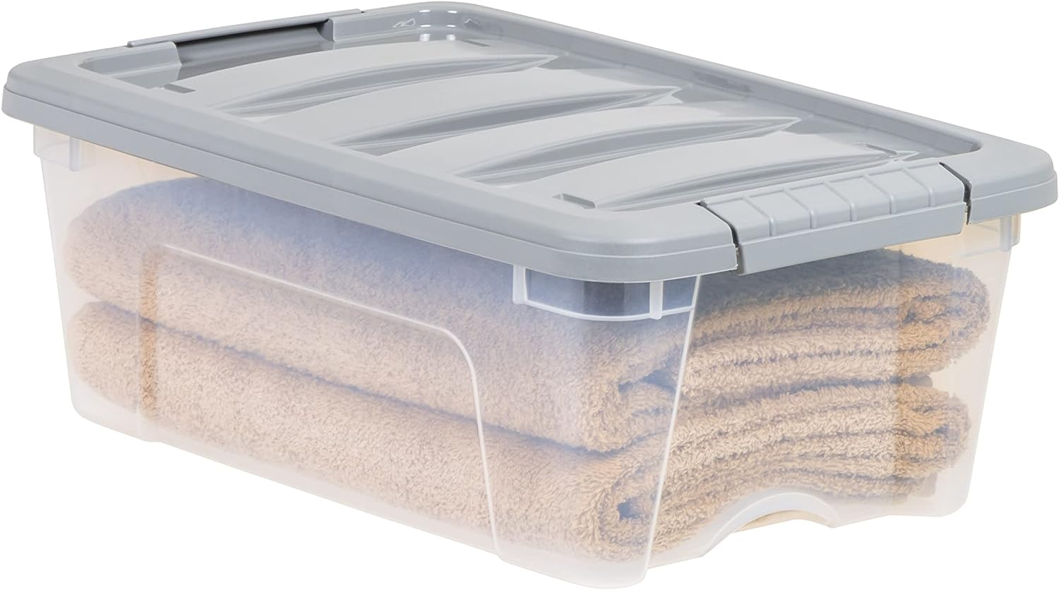 Plastic Storage Containers with Secure Latching Lids, Stackable Organization Bins, Clear/Grey, 12 Quart, Set of 6