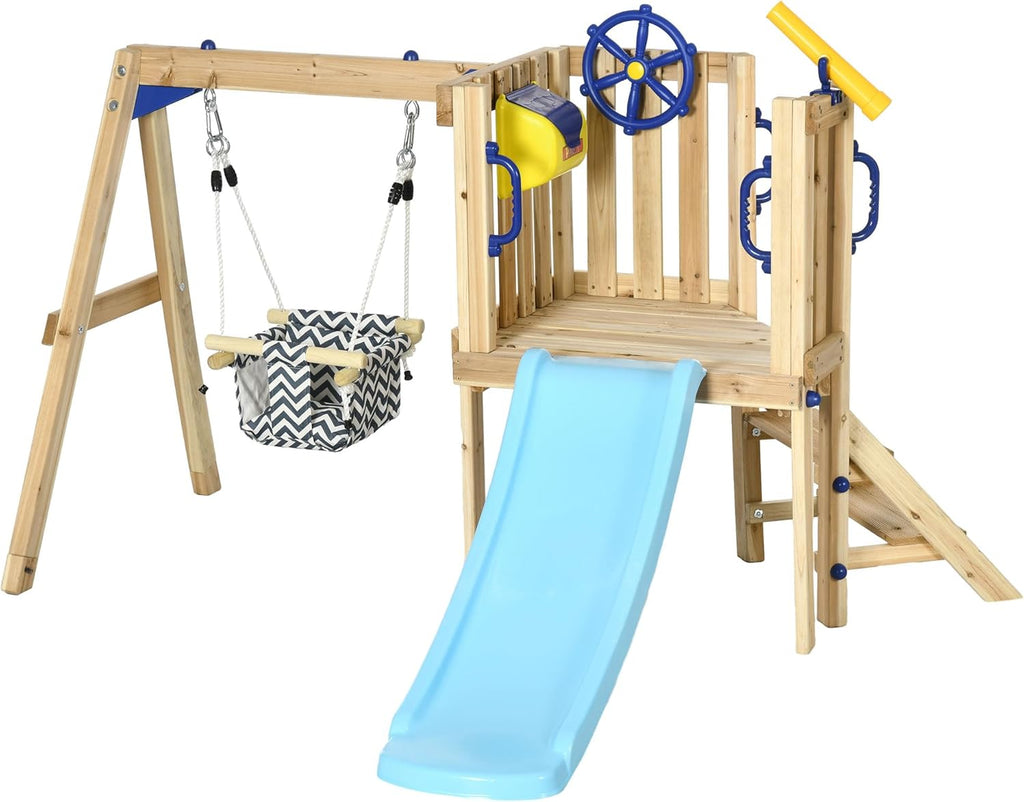 Swing Set for Backyard Wooden Toddler Playset Ages 1.5-4 Natural | Outdoor Playset, Baby Swing Seat, Kids Slide