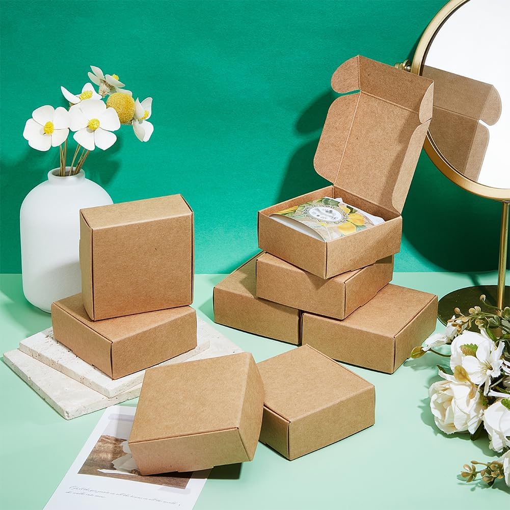 50Pcs Small Cardboard Boxes 3x3x1.2 Inch Square Jewelry Kraft Box Corrugated Mailer Box Brown Cardboard Present Boxes