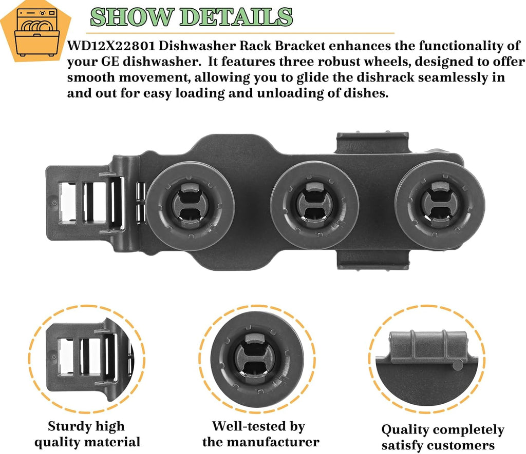 WD12X22801 Dishwasher Rack Bracket with 3 Wheels for GE Haier Dishwasher Roller Wheels - Replace AP6032529 4466609 PS11762946 WD12X10448 WD12X22599 (2 PACK）