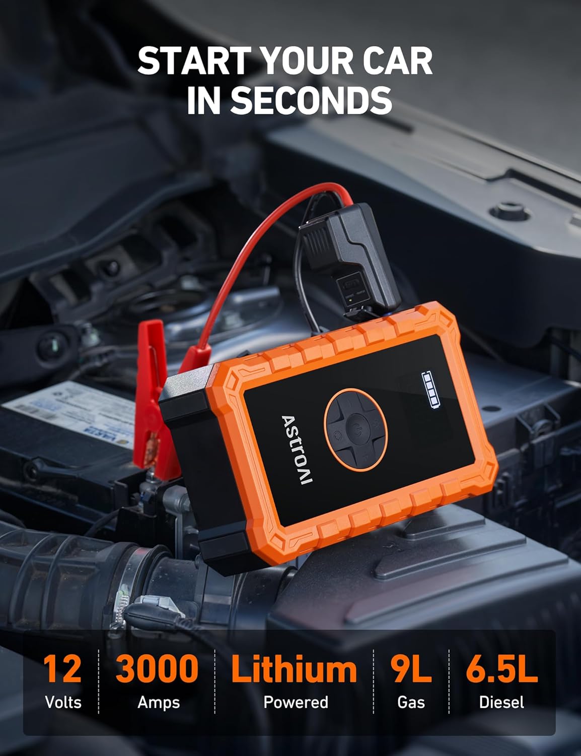 S8 Air Jump Starter with Air Compressor, 3000A Peak Car Battery Jump Starter Portable (9.0 Gas/6.5L Diesel) with