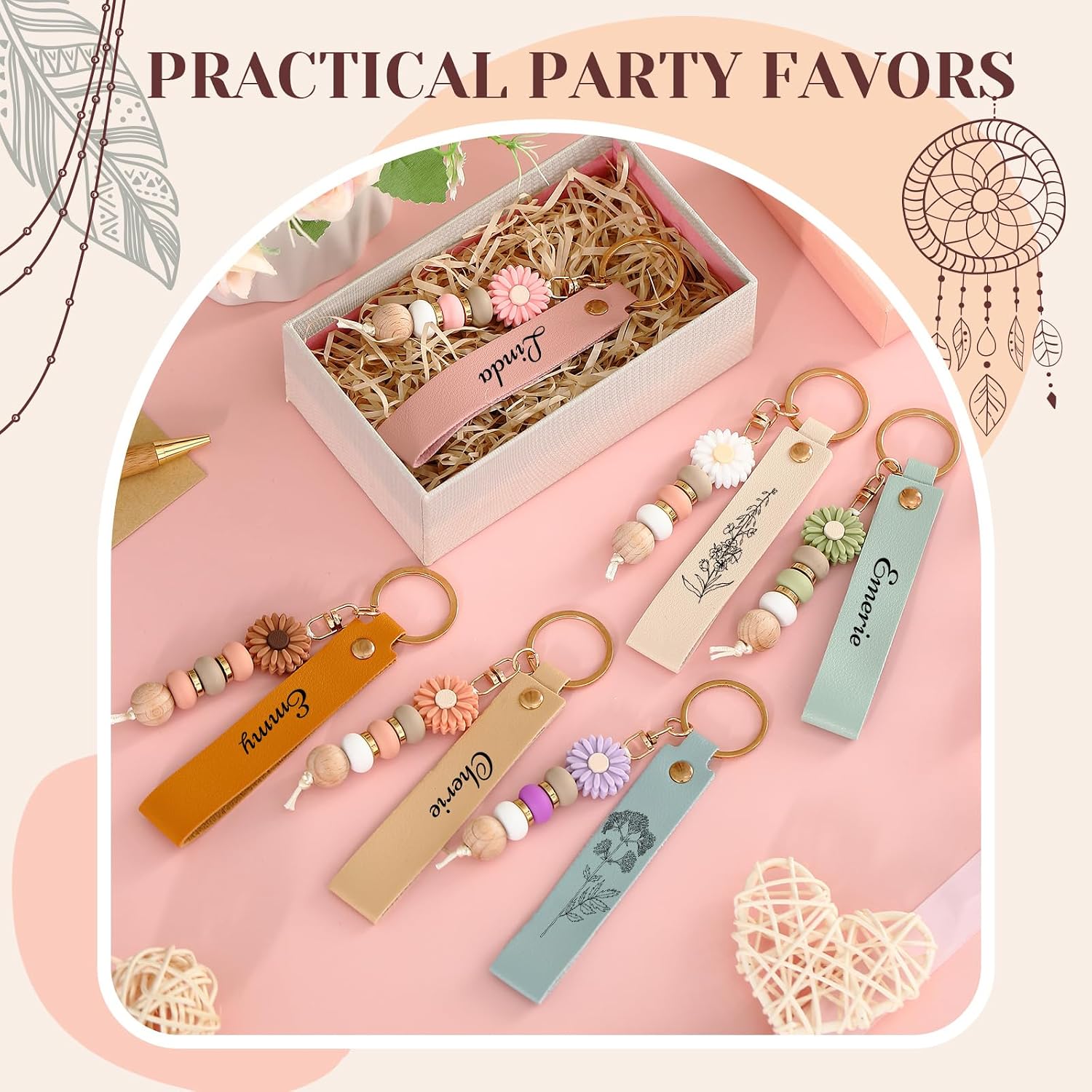 12 Set Daisy and PU Leather Beadable Keychain Bars Bulk Laser Engraving Blanks Keychain Kit for DIY Crafts Jewelry