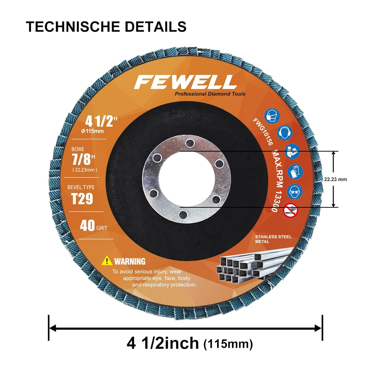 FEWELL 15Pcs 4.5inch Flap Discs for Metal, 40 Grit Sanding Disc