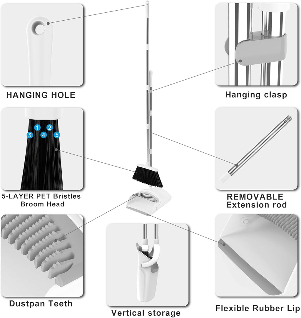 Broom with Dustpan Combo Set for Home, 52-in Long Adjustable Handle Angle Broom and Dustpan Set with Dustpan Comb