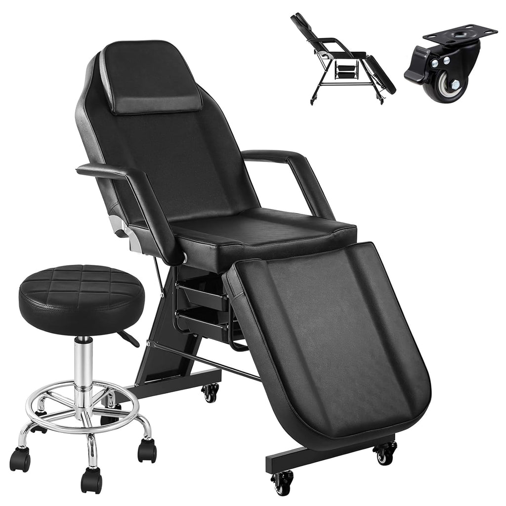 Tattoo Chair for Client, Esthetician Bed with Rolling Stool and Wheels Adjustable Beauty Salon Spa Table 360 Swivel