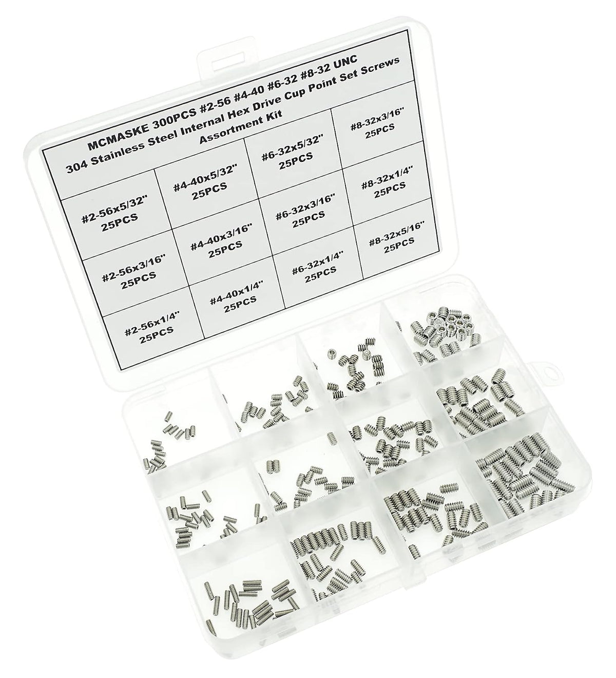 300PCS #2-56#4-40#6-32#8-32 UNC 304 SS Cup Point Set Screws Kit