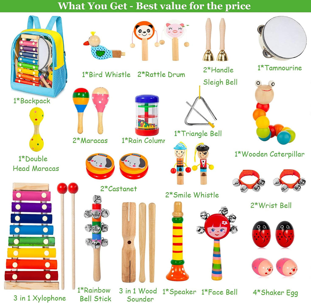 Toddler Musical Instruments Set, 32 PCS 19 Kinds Wooden Percussion Instruments Toys for Kids Playing Preschool