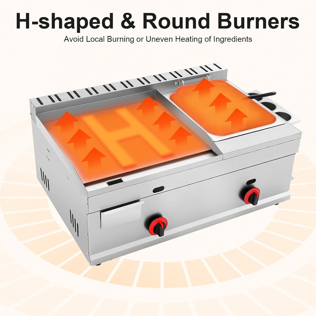 Commercial Propane Deep Fryer, 6L Stainless Steel Gas Propane Flat Top Grill Griddle with Removable Basket, Stainless