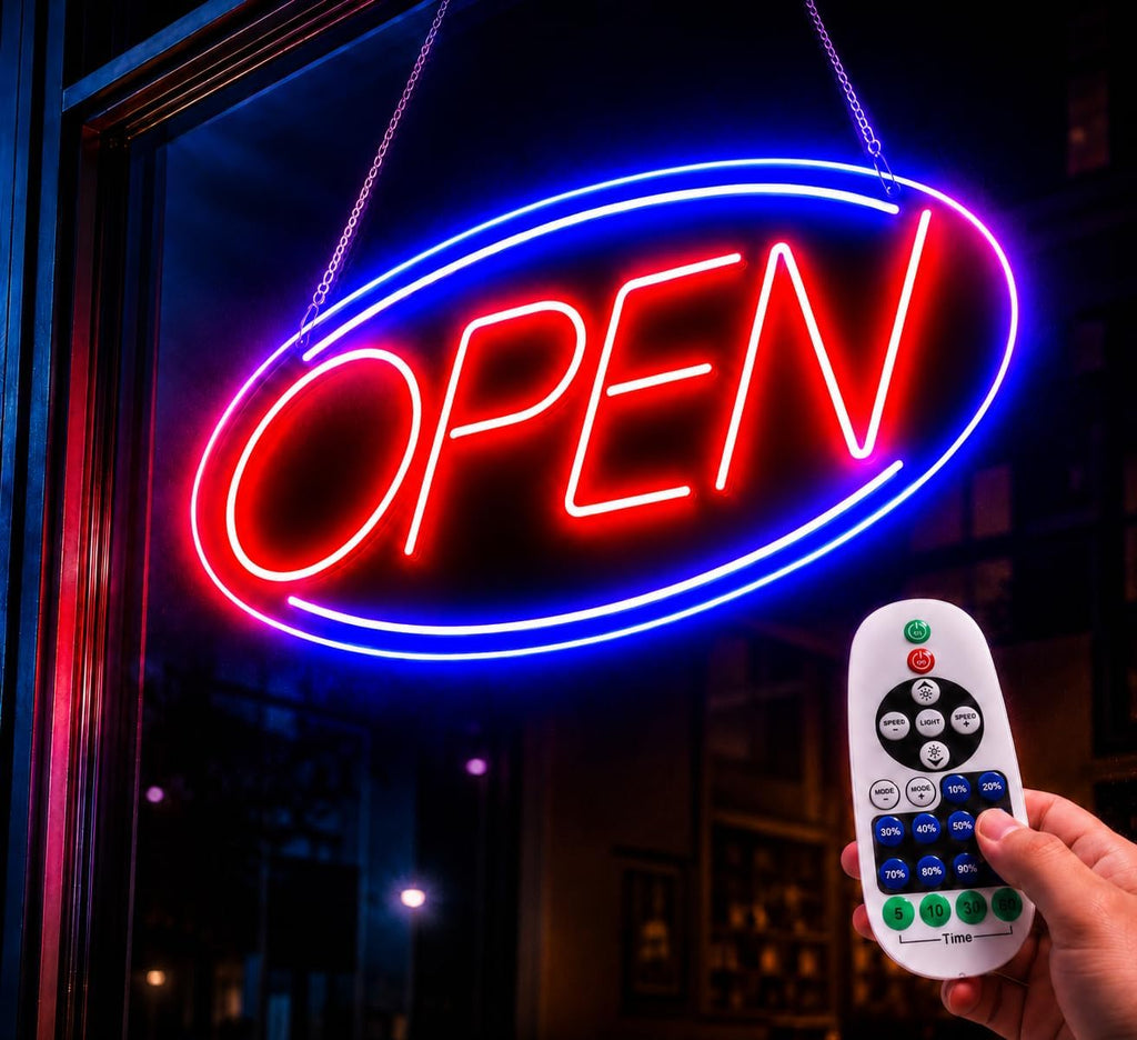 Open Sign for Business, 17" x 9" LED Neon Open Sign with Remote Control, Countdown Timer & 6 Lighting Modes Led Neon