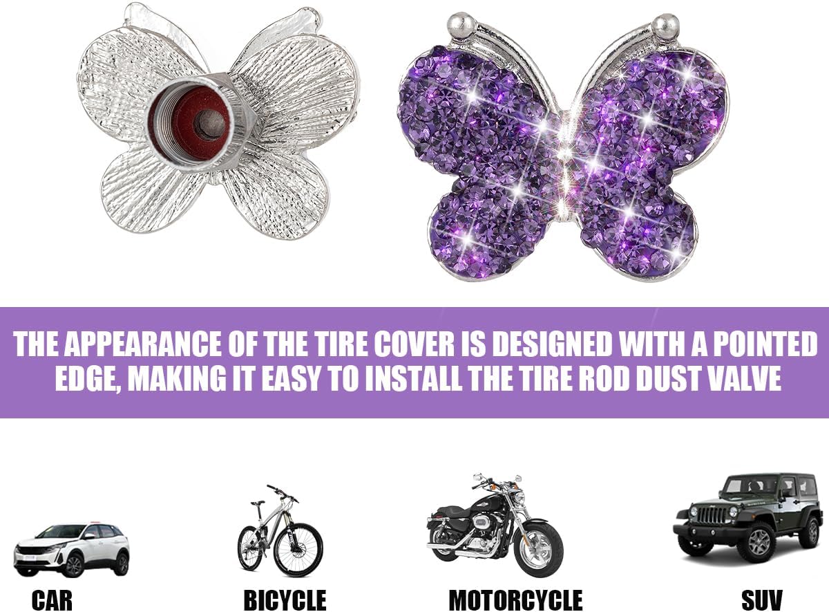 4PCS Bling Butterfly Rhinestone Tire Valve Stem Caps, Purple