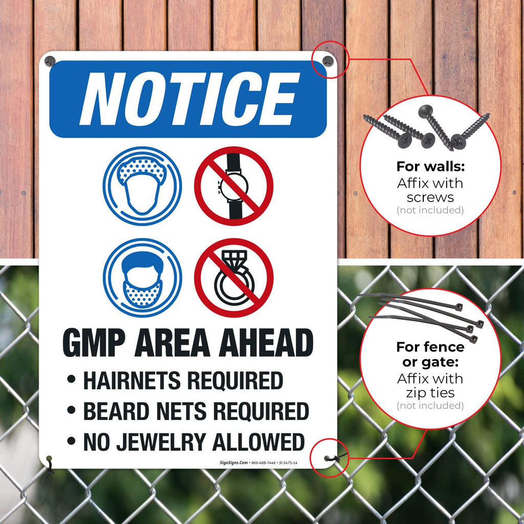 GMP Area Ahead Hairnets, Beard Nets Required No Jewelry Allowed Sign, OSHA