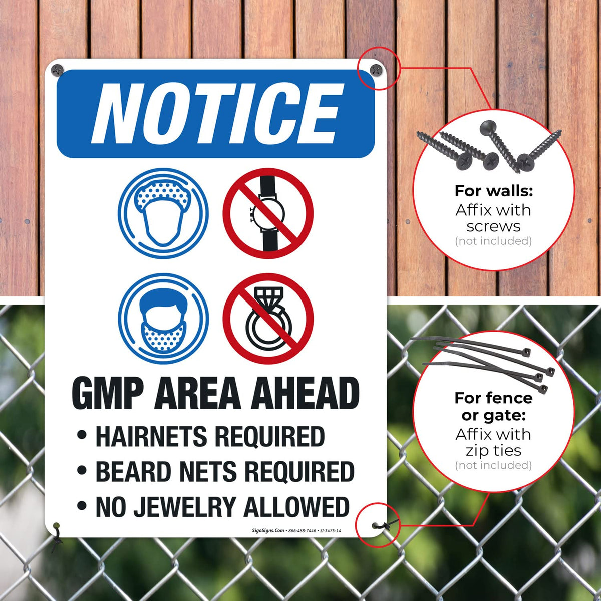 GMP Area Ahead Hairnets, Beard Nets Required No Jewelry Allowed Sign, OSHA
