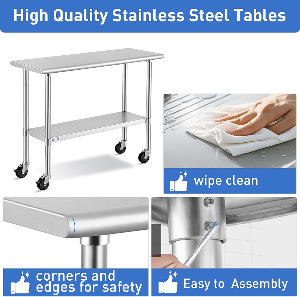 Stainless Steel Table for Prep & Work with Caster Wheels 24x48 Inches, NSF Metal Commercial Kitchen Heavy Duty Table