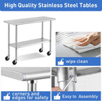 Stainless Steel Table for Prep & Work with Caster Wheels 24x48 Inches, NSF Metal Commercial Kitchen Heavy Duty Table