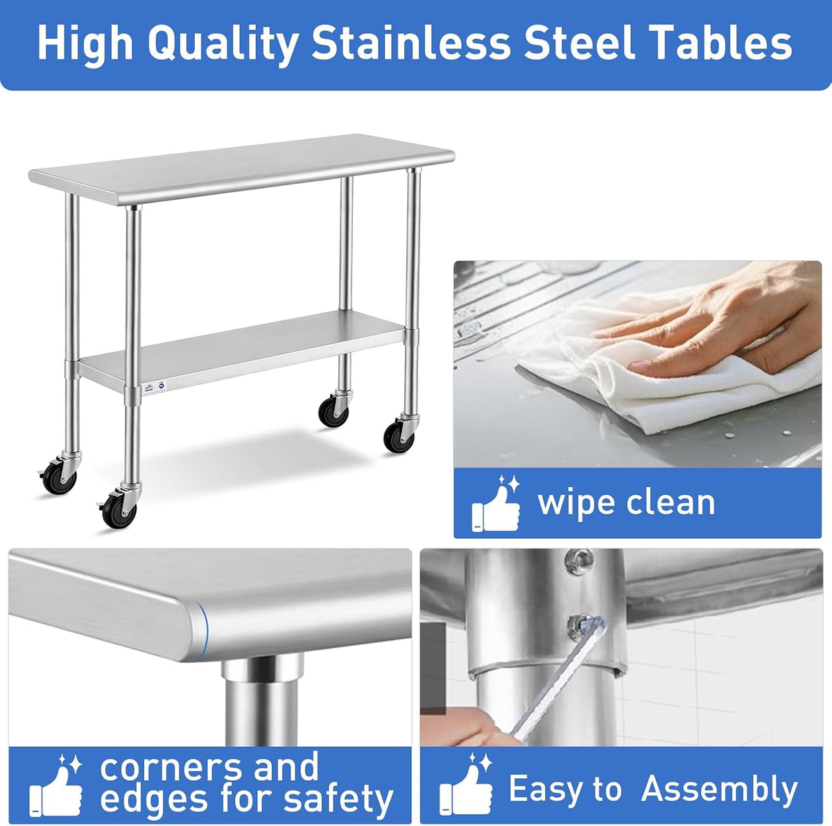Stainless Steel Table for Prep & Work with Caster Wheels 24x48 Inches, NSF Metal Commercial Kitchen Heavy Duty Table