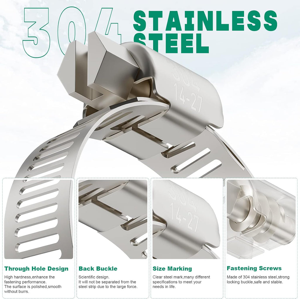 15PCS Hose Clamps Stainless Steel Adjustable 9/16"-1-1/16"(14-27mm) | Heavy Duty, Rust Resistant, Worm Gear Small