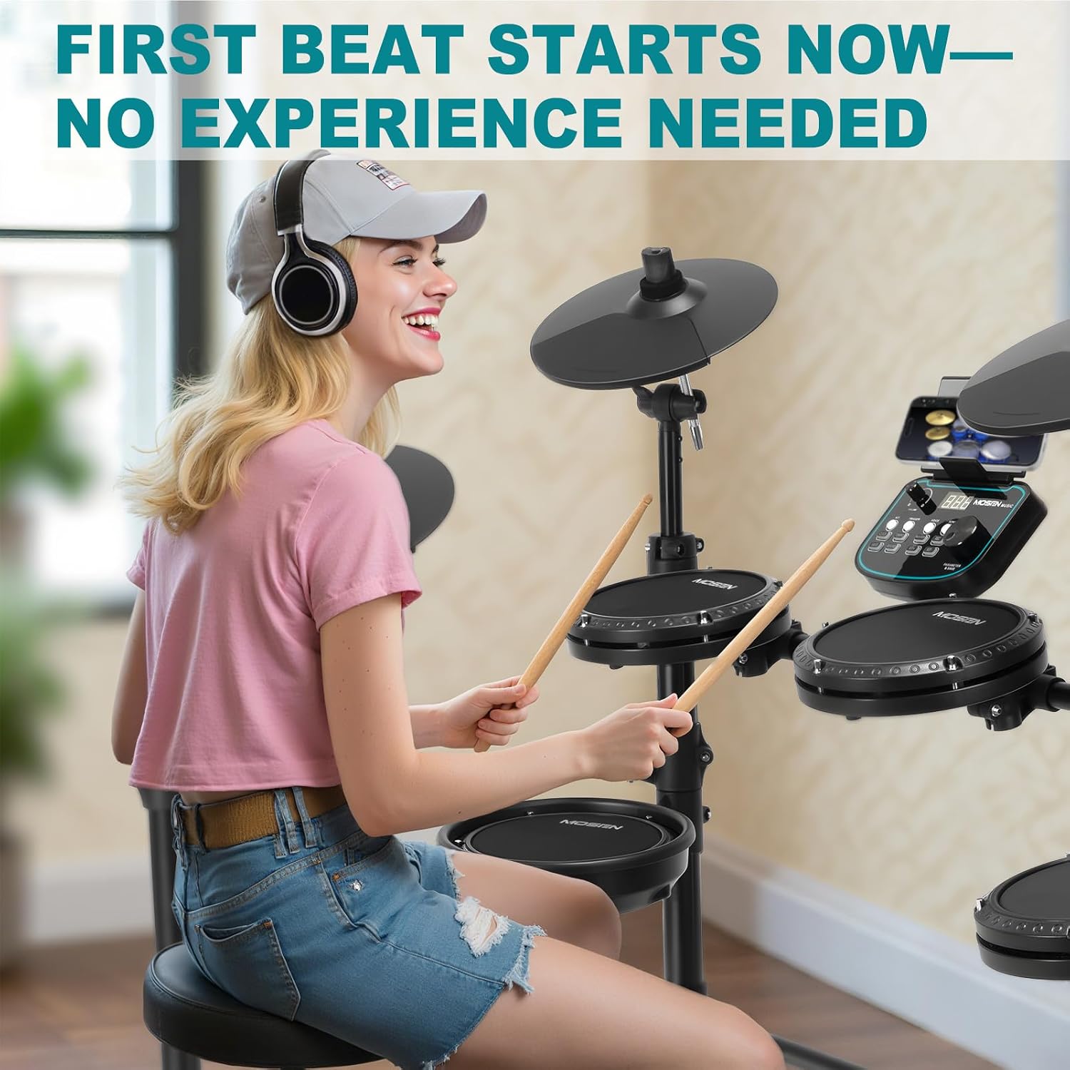 MOSEN MED-X5 Electric Drum Set Mesh Drum Pads, Phone Holder, Sticks, Adjustable cymbals, Kick drum, Headphones, USB