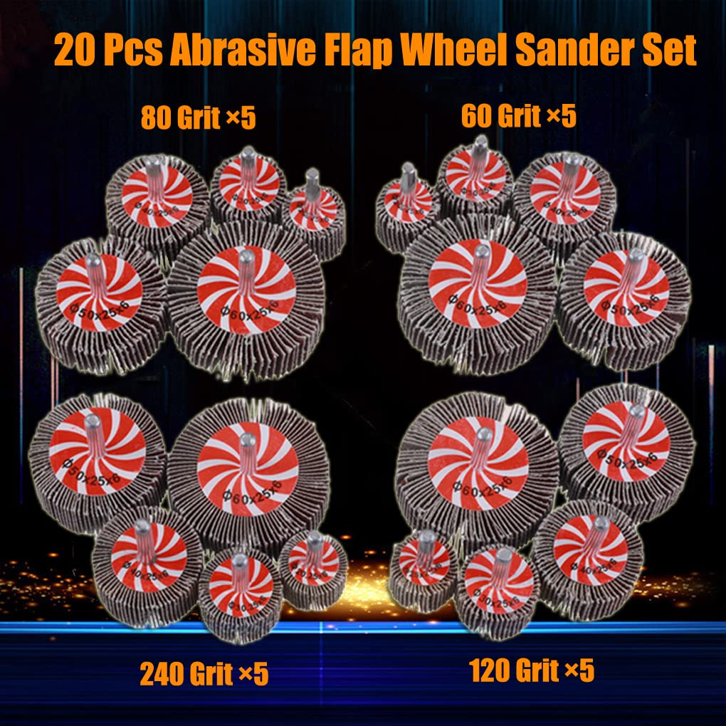 20 Pcs 5 Sizes 60/80/120/240 Grits Abrasive Flap Wheel Sander