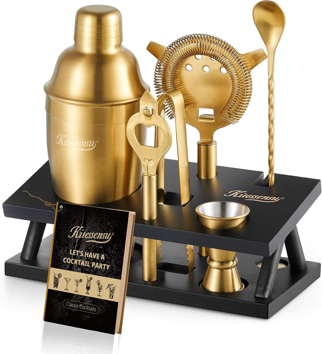 Cocktail Shaker Set Bartender Kit, 6-Piece Silver Bar Set with Stand, Gold