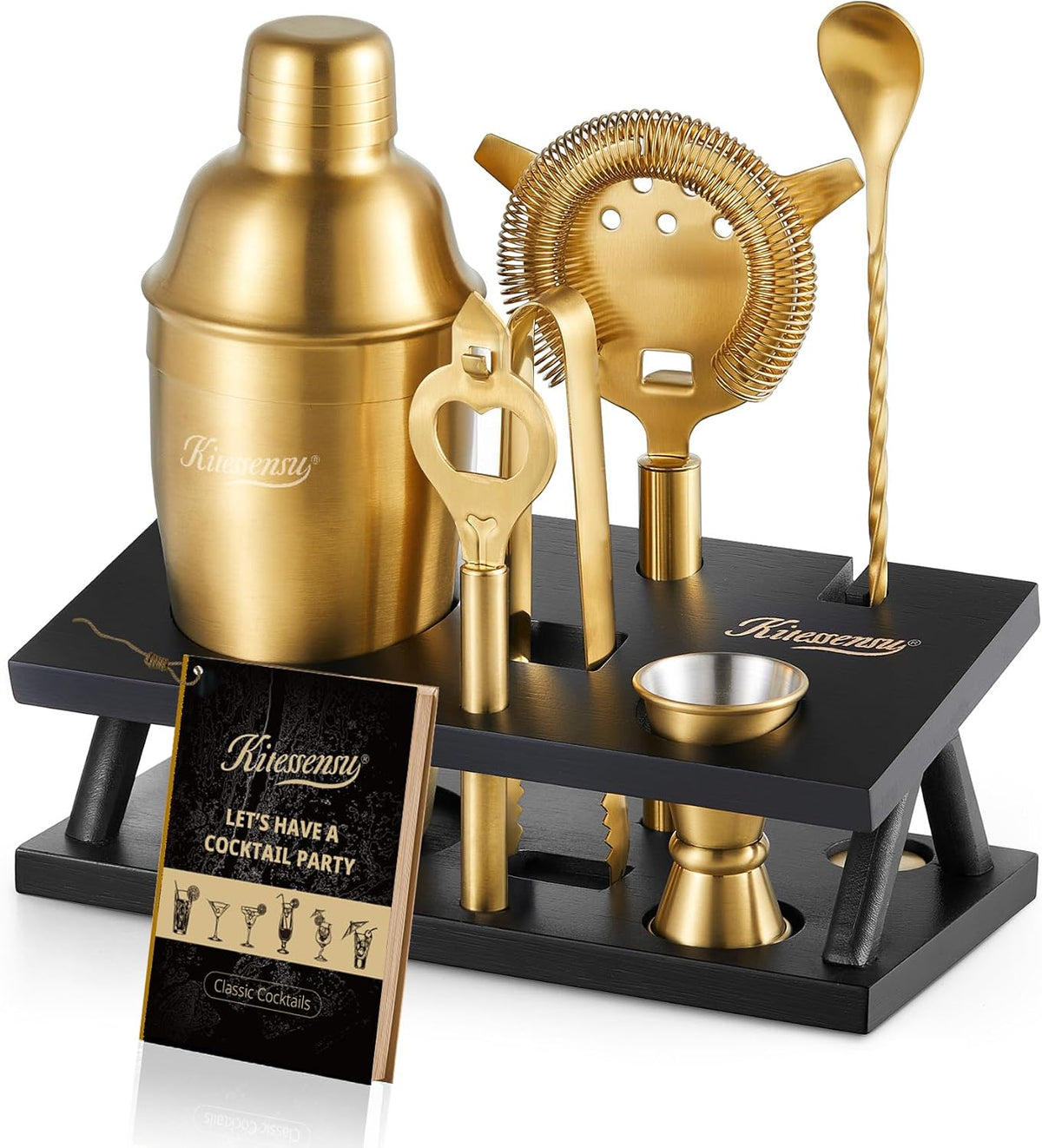 Cocktail Shaker Set Bartender Kit, 6-Piece Silver Bar Set with Stand, Gold