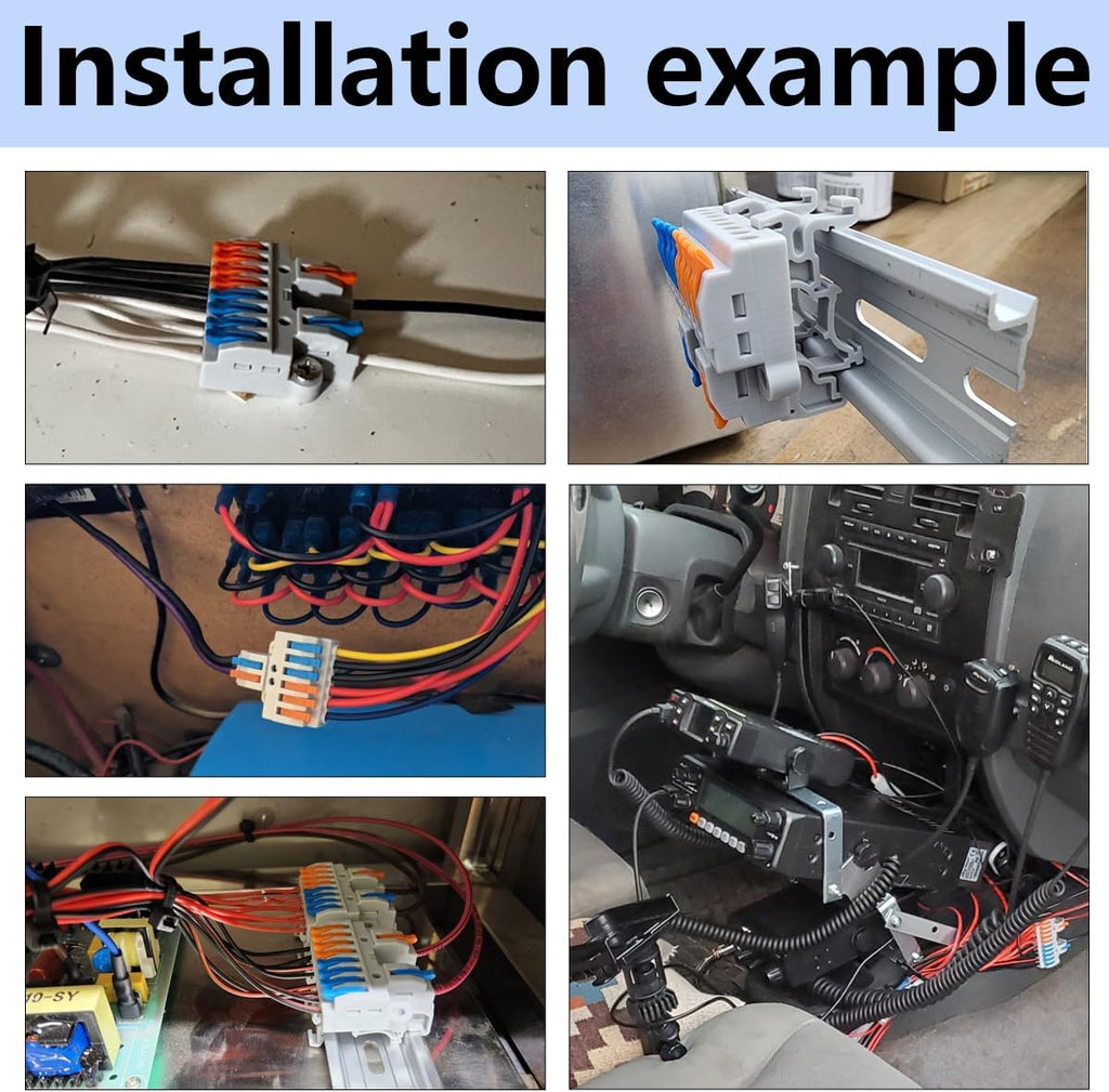 CESFONJER 2-in-8-out Compact Terminal Blocks (6 Sets), Lever Wire Splicing Connectors, 2 Input 8 Output, DIN Rail & Screw Fix, 28-12AWG, Includes Mounts & Screws
