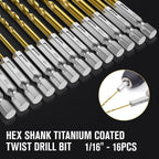 MACXCOIP 16Pcs 1/16" Hex Shank Titanium Twist Drill Bit Set