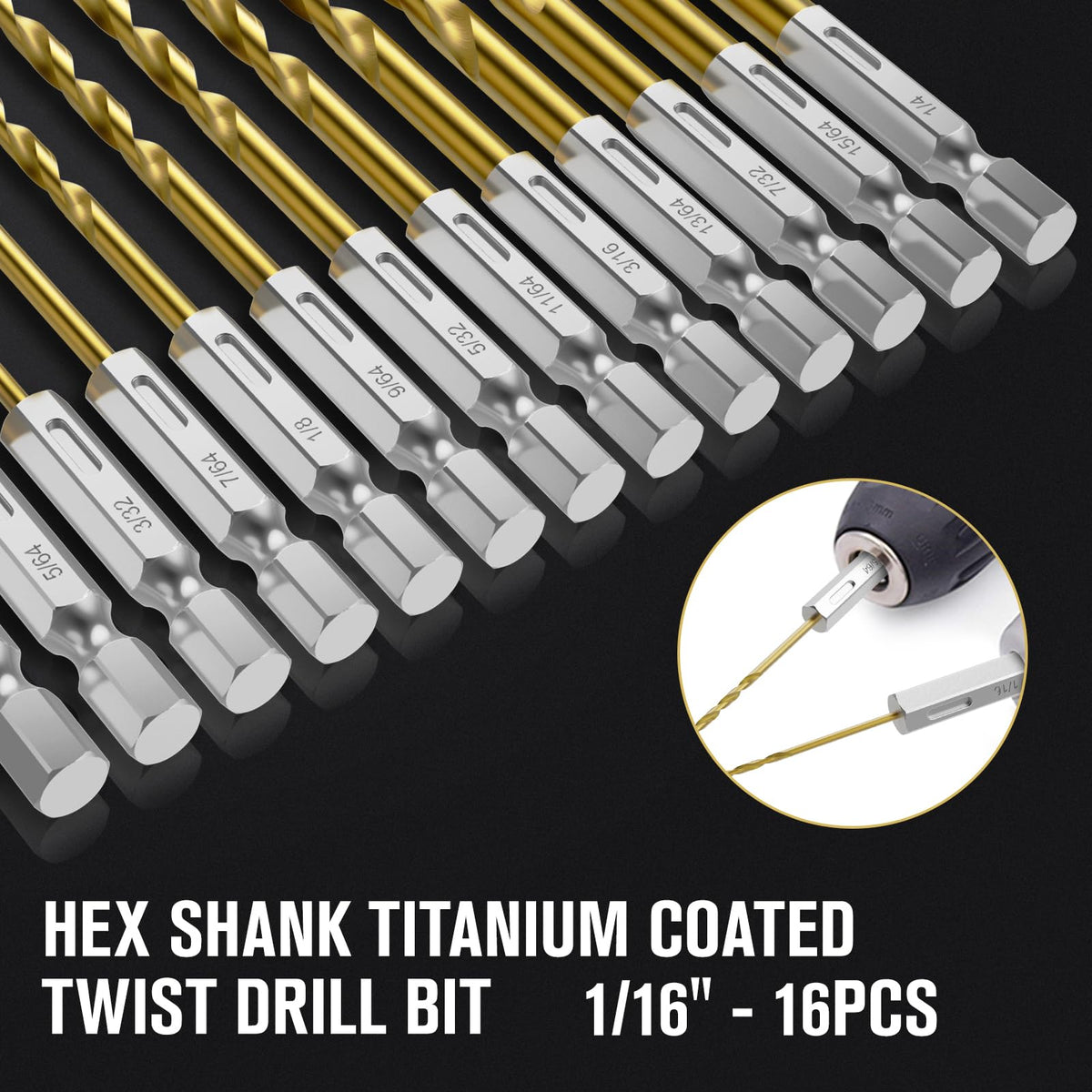 MACXCOIP 16Pcs 1/16" Hex Shank Titanium Twist Drill Bit Set