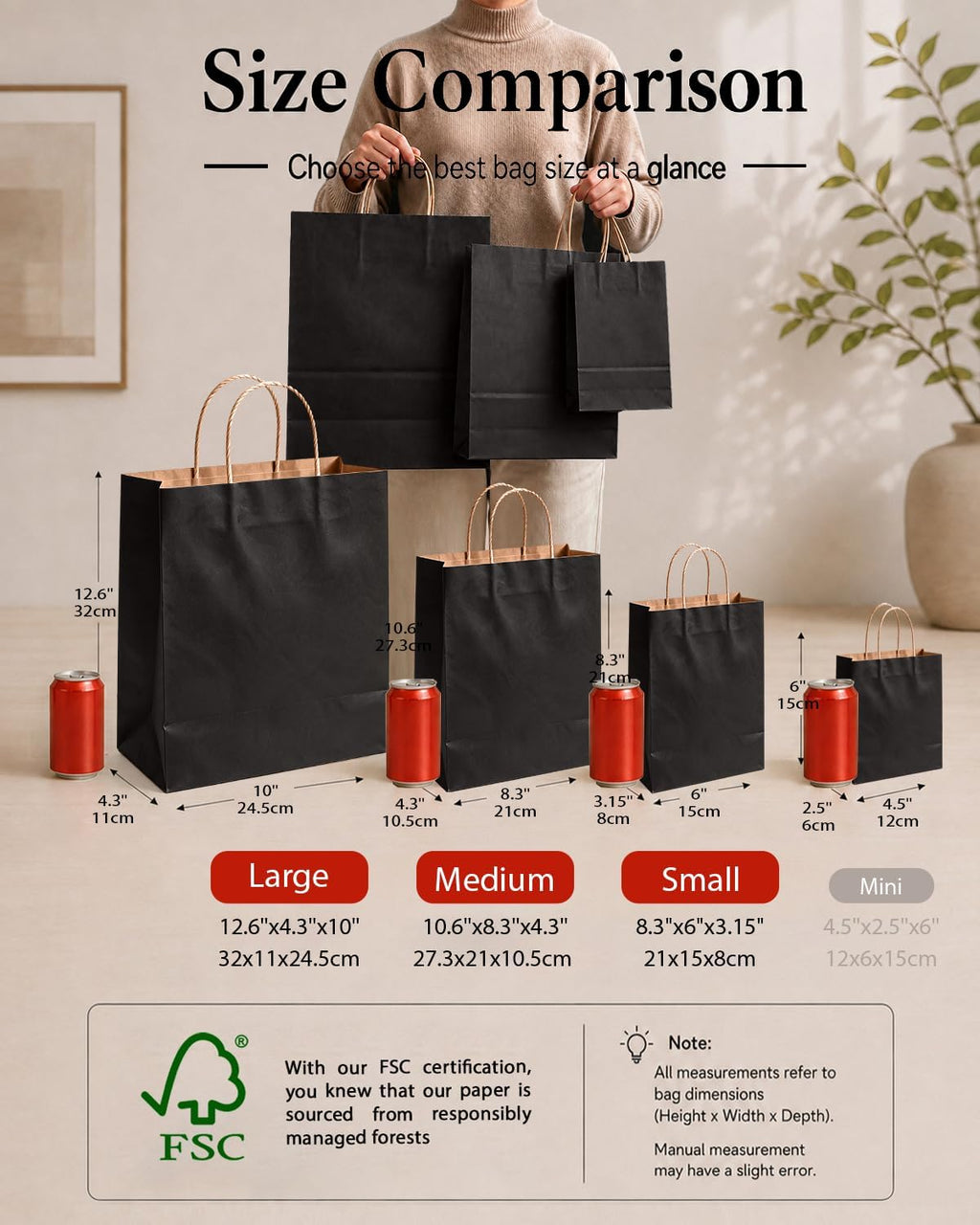 100-Packs Black Paper Gift Bags with Handles Bulk Assorted Sizes(33pcs Large 13", 33pcs Medium 11", 34pcs Small 8")