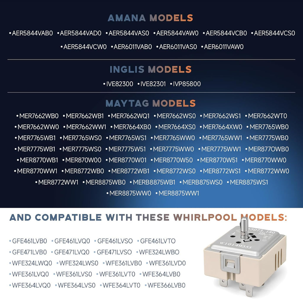 W10149355 WPW10149355 Dual Infinite Switch Replacement for Whirlpool Maytag Amana Inglis Electric Range, Surface Element Control Switch, Replaces AP4365154 PS2341427