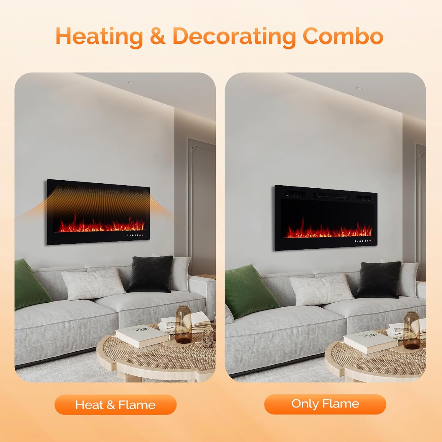 36 Inch Electric Fireplace with Remote, 1500W Wall Mounted & Recessed Fireplace with Timer, 12 Flame Color, 5