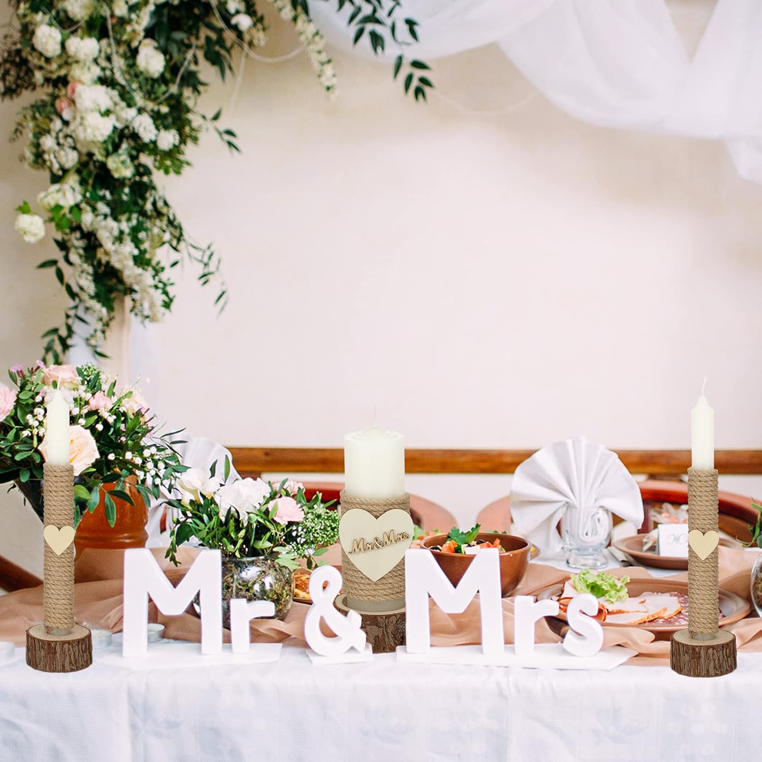 3 Pcs Rustic Unity Candles for Wedding Ceremony Set Mr and Mrs Burlap 1(5.9'') Pillar 2(9.8'') Taper Candles for