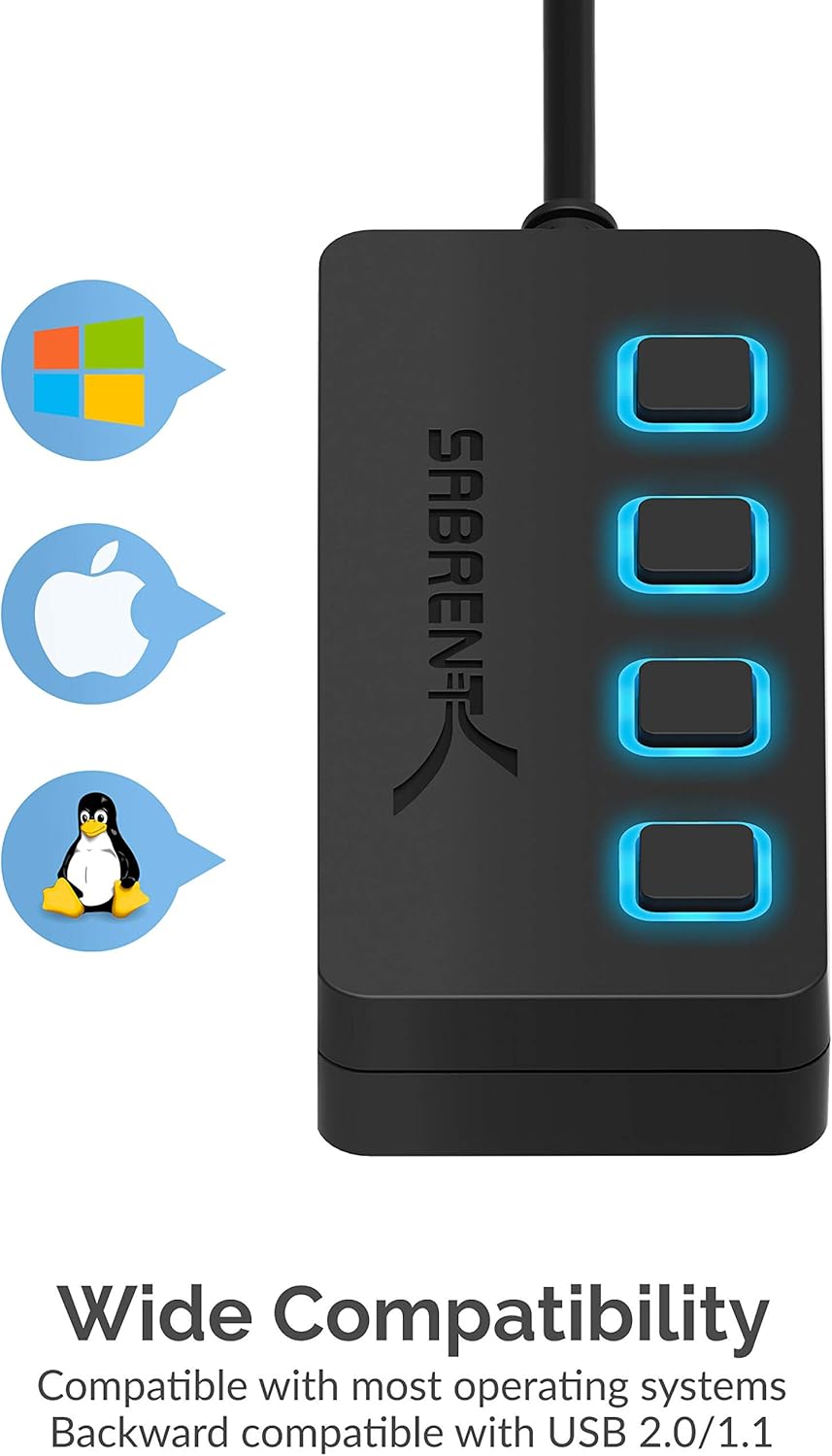 4-Port USB 3.0 Hub with Individual LED Power Switches - Slim, Portable Design - 2 Ft Cable - Fast Data Transfer