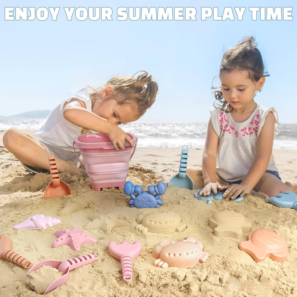 Beach Toys Set for Kids, 3 Pack Collapsible Sand Buckets and Shovels Set | Collapsible Beach Bucket Set with Mesh