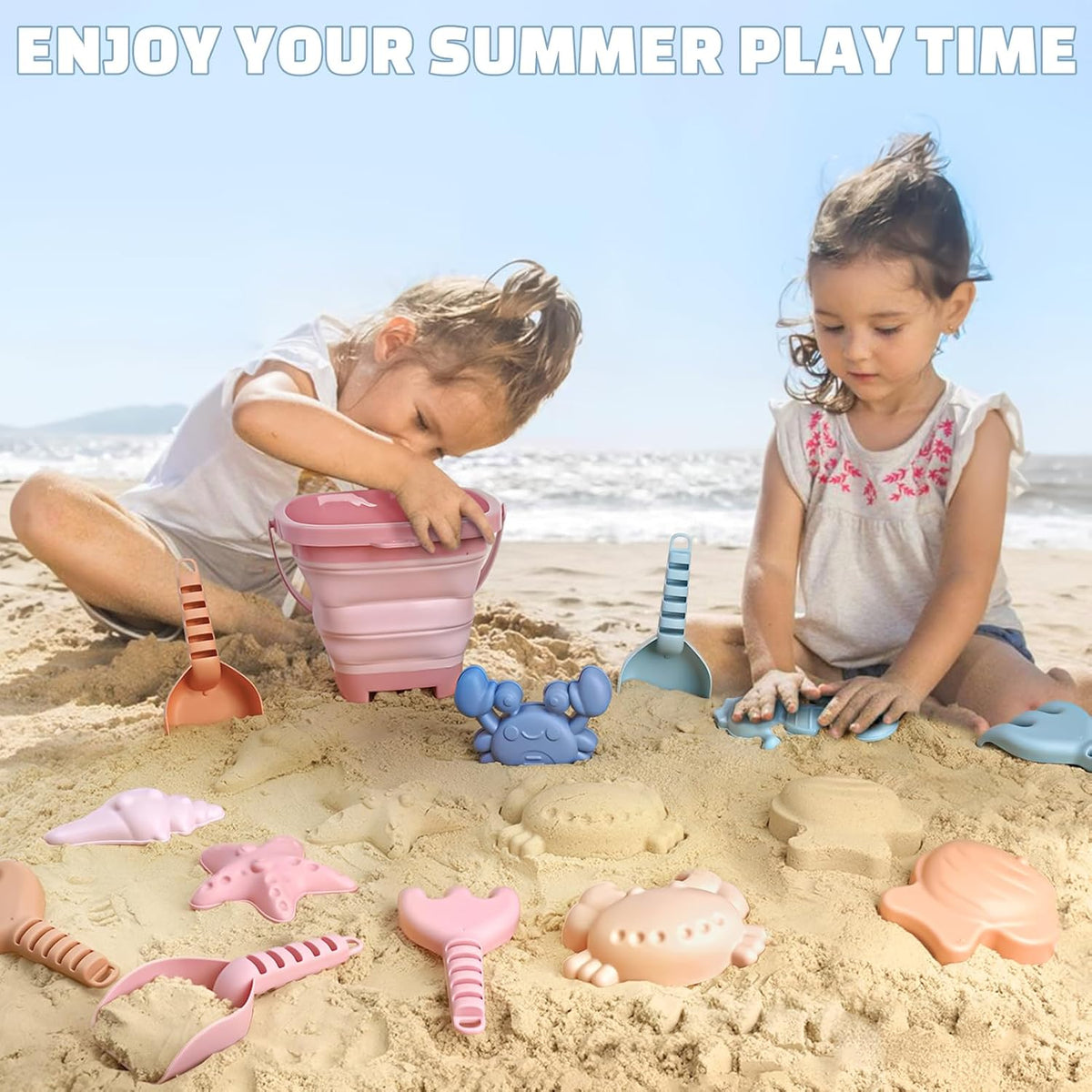 Beach Toys Set for Kids, 3 Pack Collapsible Sand Buckets and Shovels Set | Collapsible Beach Bucket Set with Mesh