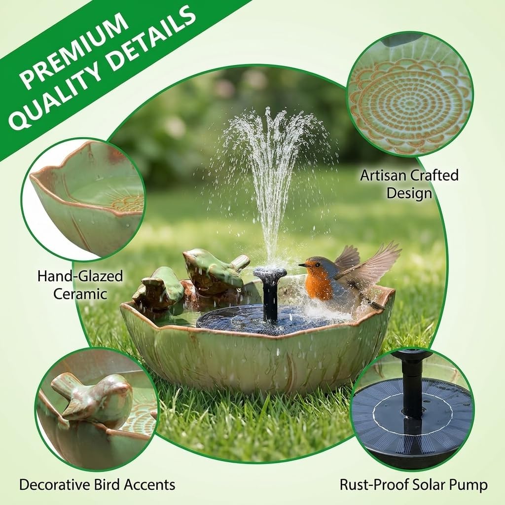 Large Ceramic Bird Bath Bowl with Solar Powered Fountain, Solar Bird Bath Fountain for Outdoors, Hummingbird Solar