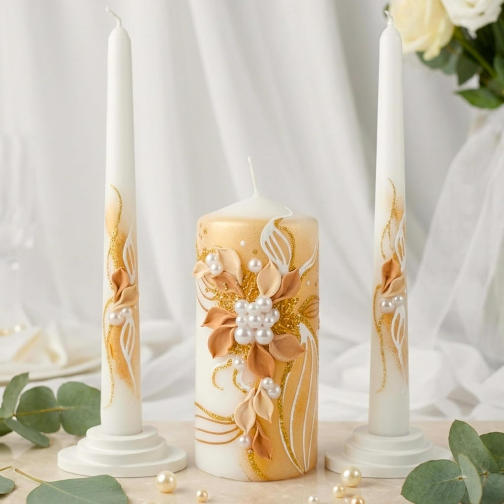 Golden Blossom Unity Candle Set for Wedding Ceremony & Reception, White & Gold Wedding Unity Candles with Floral