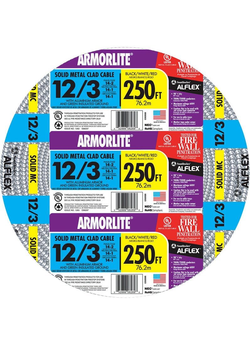 Armor lite Type Mc Aluminum Armored Cable, 12/3, 600 Volts, 250 Ft. Coil