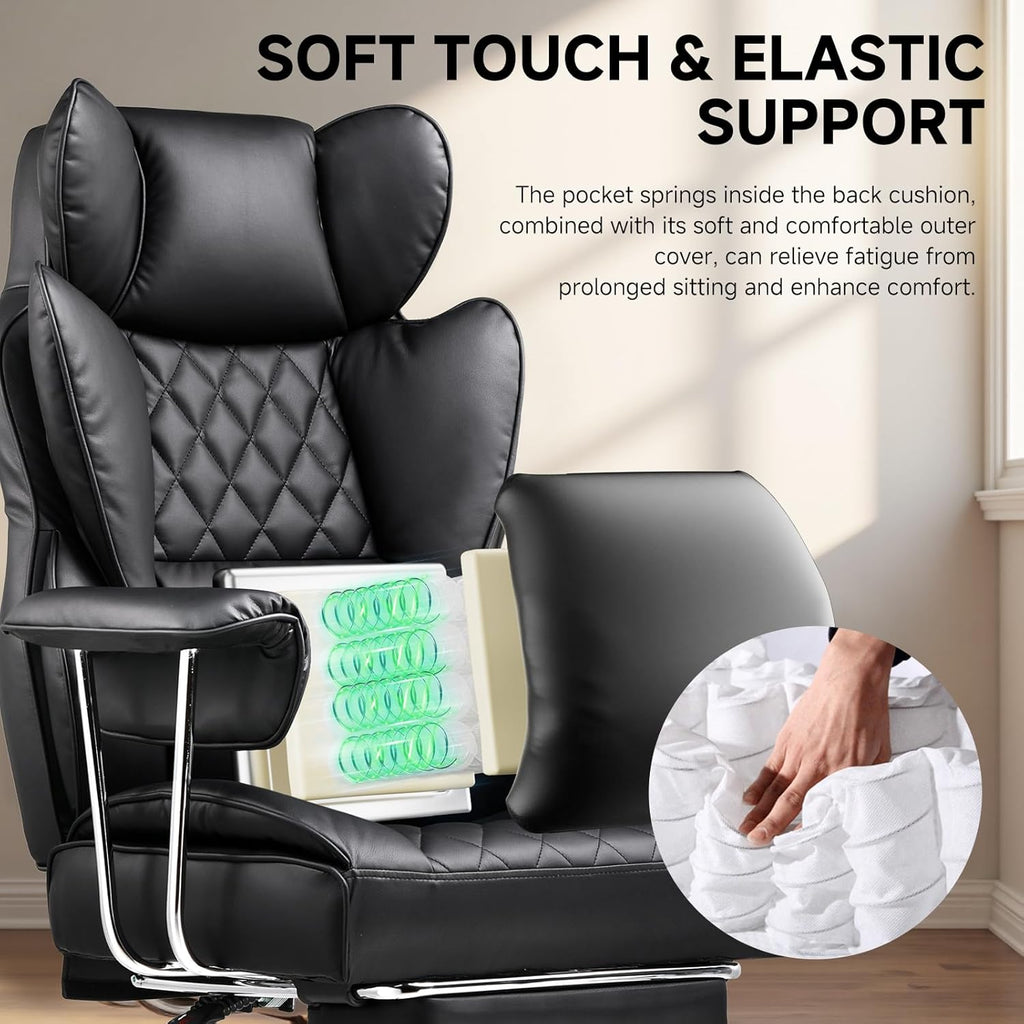 Big and Tall Office Chair, High Back Leather Gaming Chair with Footrest, Executive Ergonomic Office Chair with Pocket