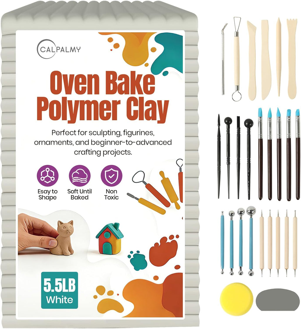 Oven Bake Polymer Clay 5.5lb with Tools Kit, White Sculpting Material for Modeling & Crafts, Soft Until Baked