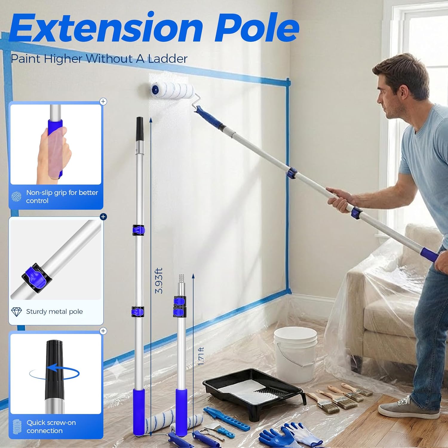 Paint Roller Kit with 3.93Ft Extension Pole for Walls and Ceilings, 30Pcs House Painting Supplies Set with 9”, 6” &