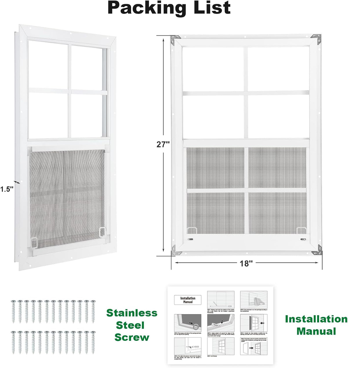 18" x 27" Shed Windows 2 Pack, Small Sliding Window with Tempered Glass & Metal Mesh Screen, Flush Mount Windows for