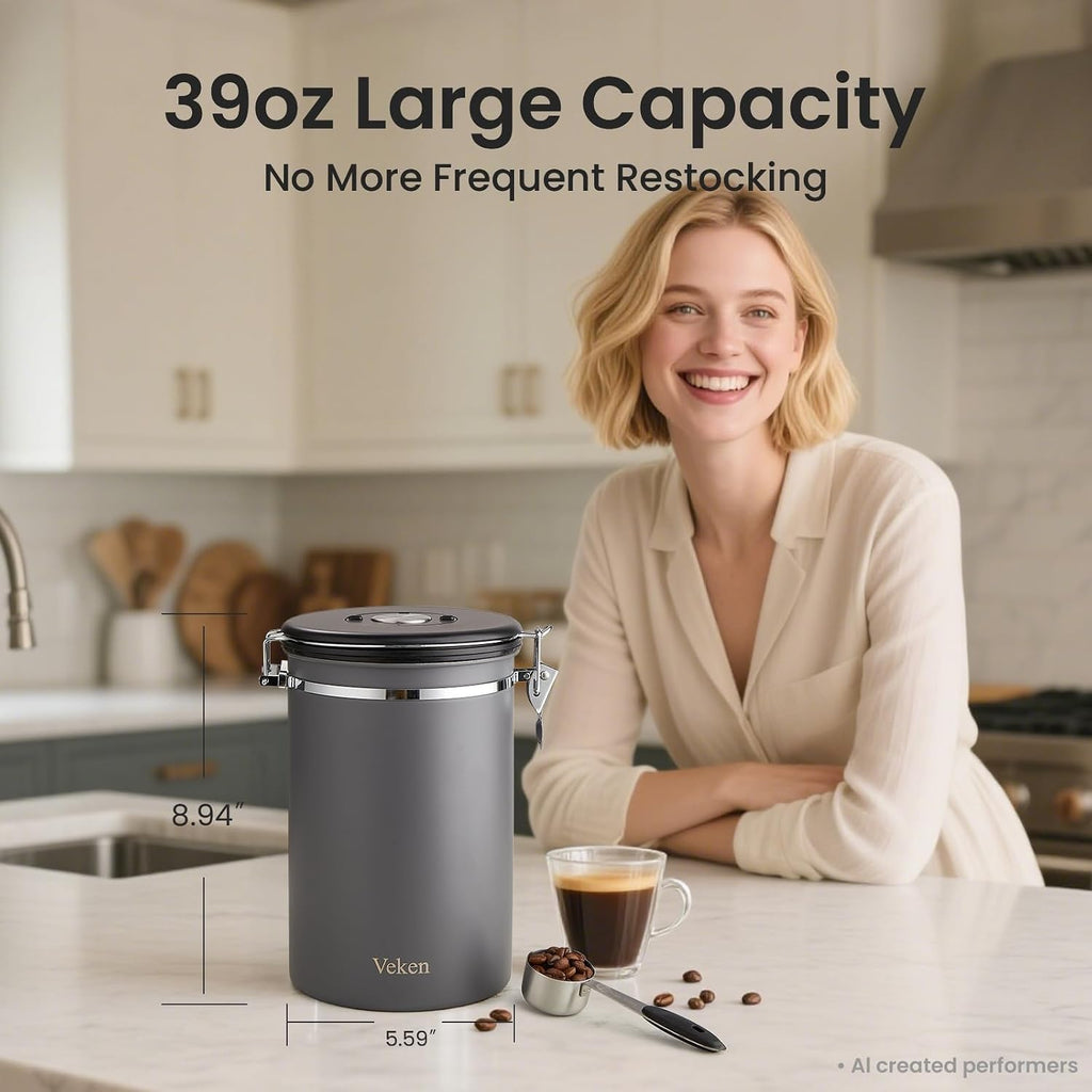 Coffee Canister,39OZ, 2.2lbs,Large Airtight Stainless Steel Container | Kitchen Food Storage Jars for Beans,Ground