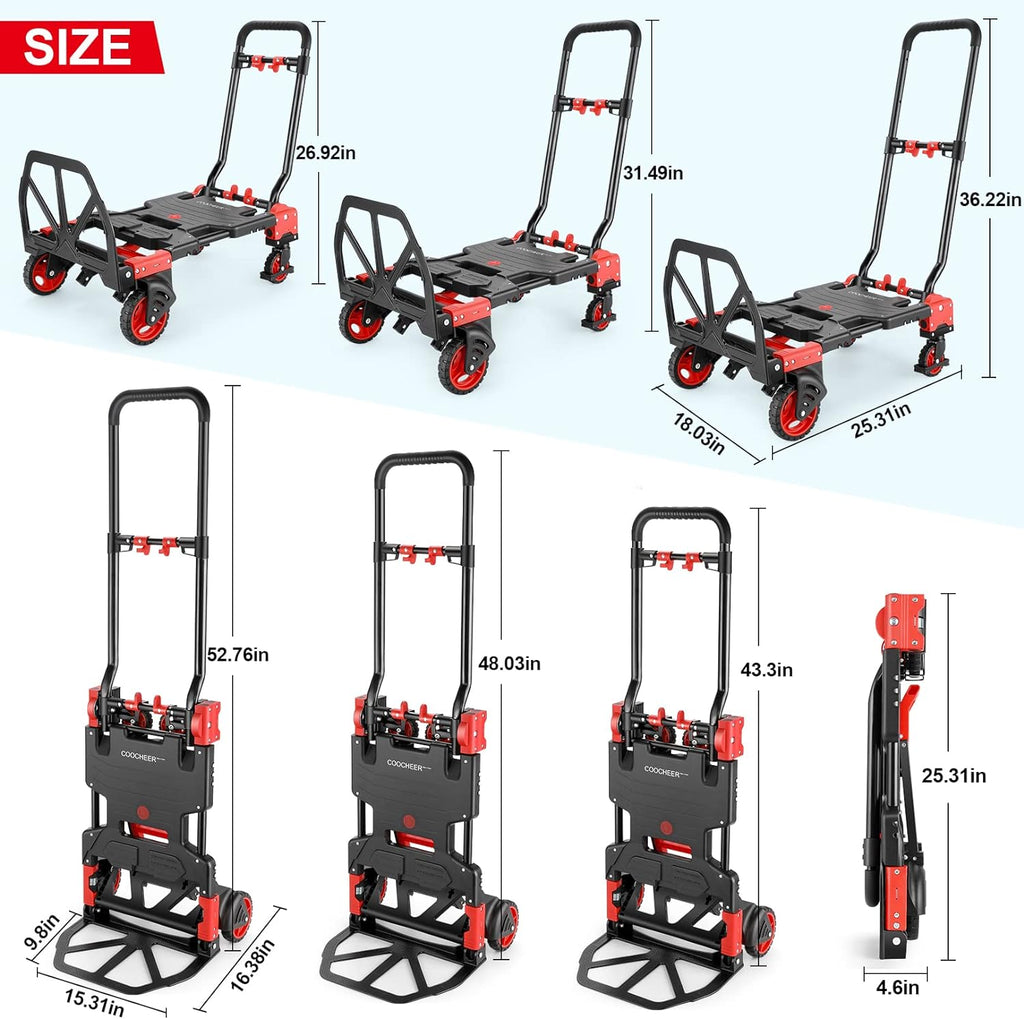 Folding Hand Truck Dolly, 330lb Convertible 4 to 2 Wheel Moving Cart, Red