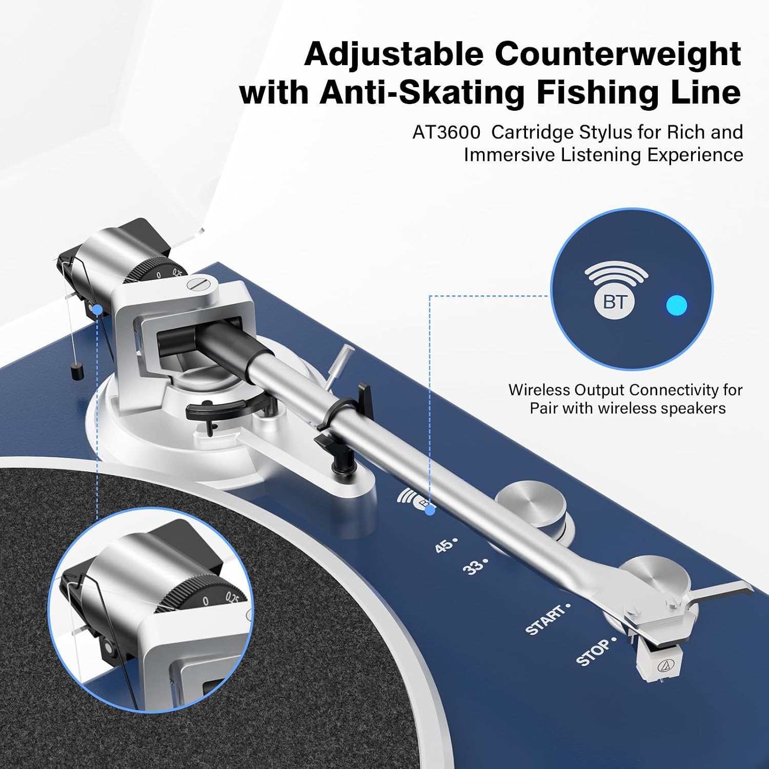 Belt Drive Turntable for Vinyl Record Player and Bluetooth Output(Blue) | Built-in Phono Preamp,USB Digital