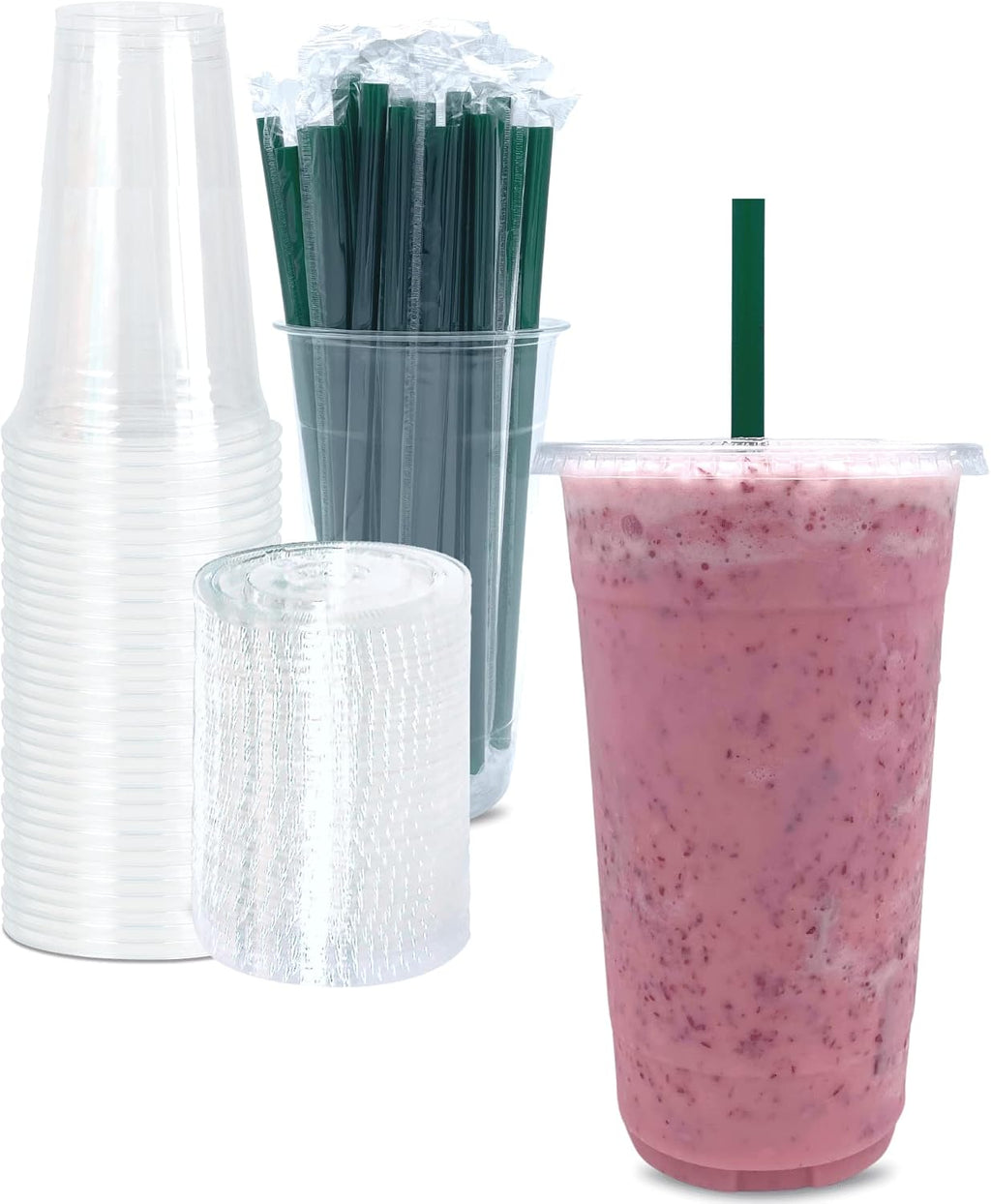 32 oz Clear Plastic Cups with Lids and STRAWS, Disposable Drinking Cups for Cold Drinks, Iced Coffee, Milkshakes