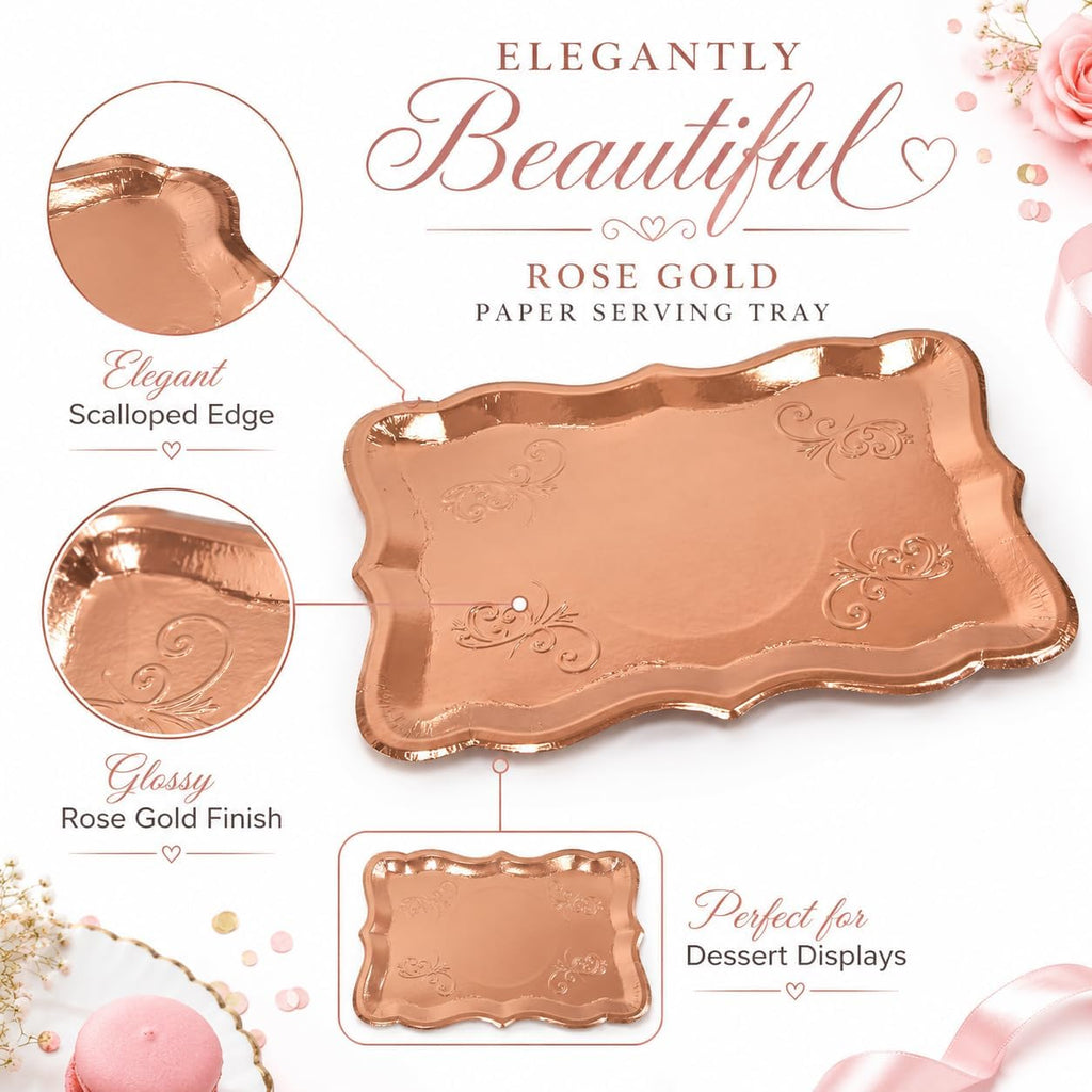 Rose Gold Serving Trays 10 Pack Heavy Duty Disposable Paper Platters